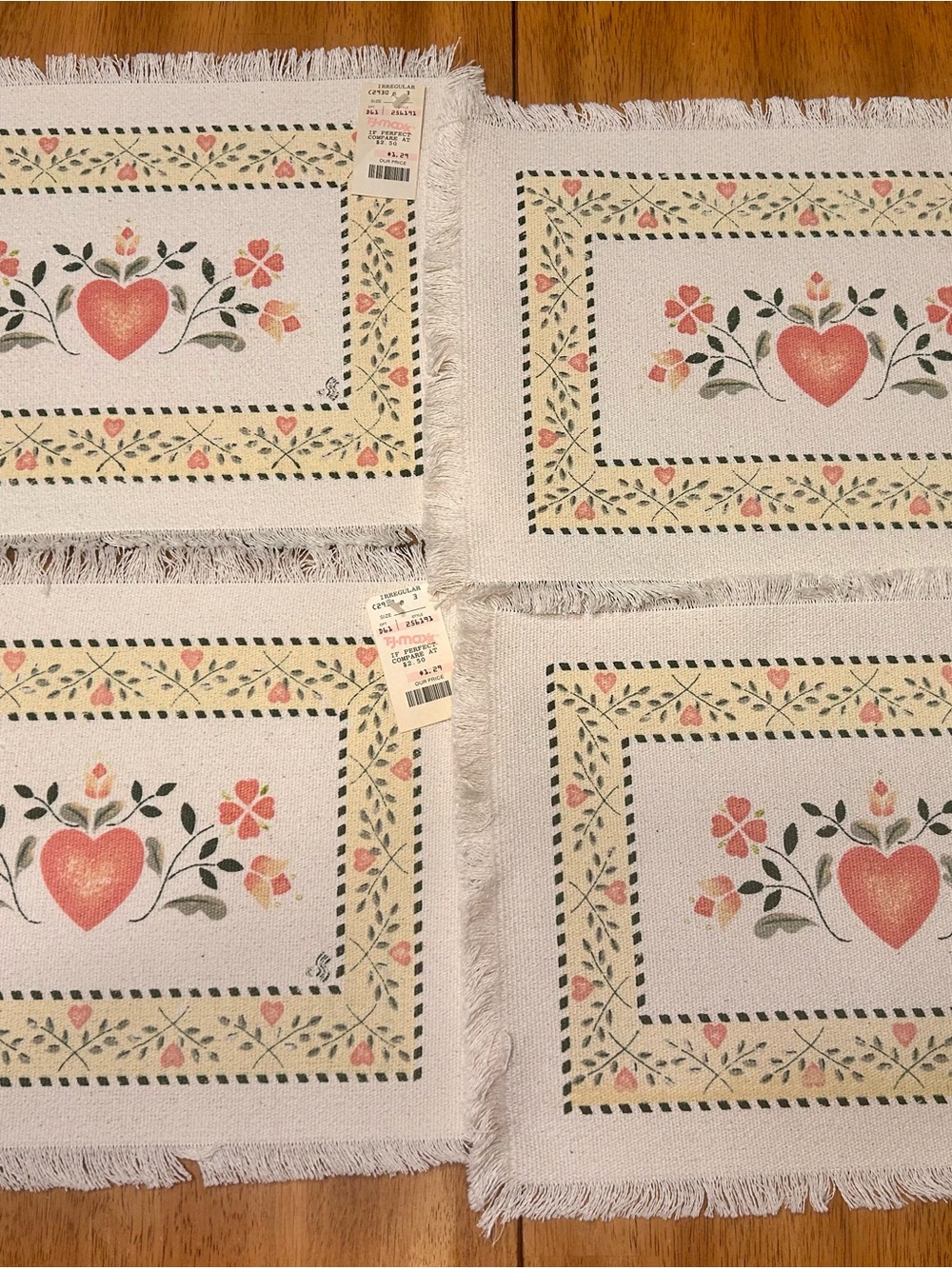 Heart & Floral Print Cotton Placemat Set - Cottagecore Cream with Coral Hearts